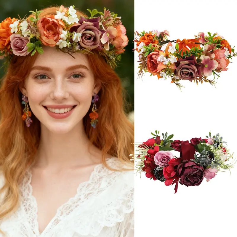 AWAYTR Cerchietto Con Ghirlanda Fiori – Coroncina Floreale Boho – Regolabile Per Donna E Ragazza – Rosa
