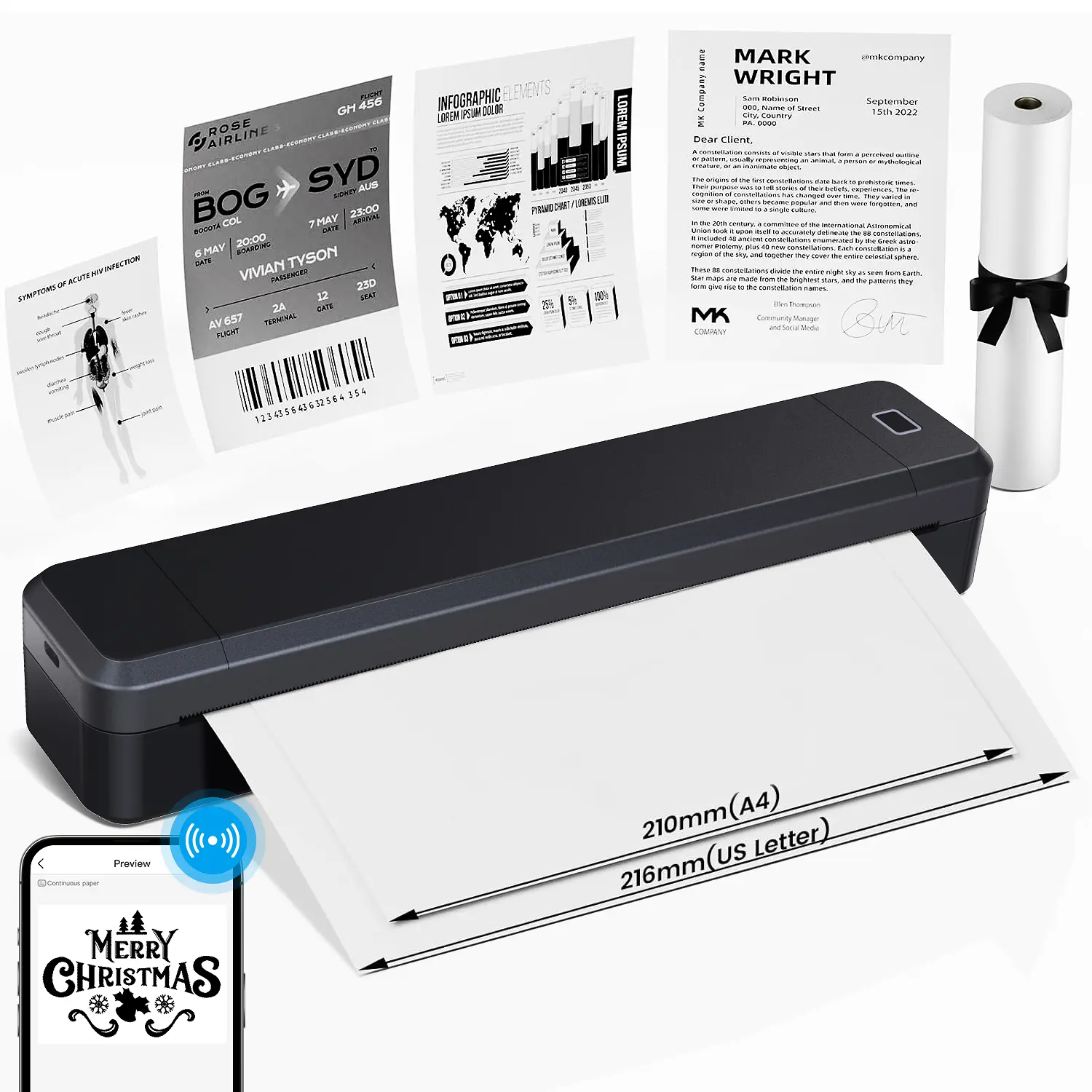 Portable A4 Printer, Portable Handheld Printer, Wireless Portable Printer, Inkless Printing Machine, Inkless Travel Printer, Mobile Phone Bluetooth-compatible Direct Connection Printer, Office Equipment for Home School Dormitory