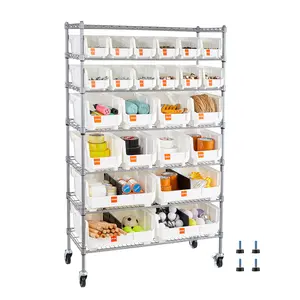 VEVOR 7-Tier Rolling Bin Storage Rack, 24 Organizer Bins, Bin Rack Storage Steel Wire Shelving System with Wheels, Mobile Tool Organizer for Garage, Warehouse, Office, Restaurant, Classroom, Kitchen