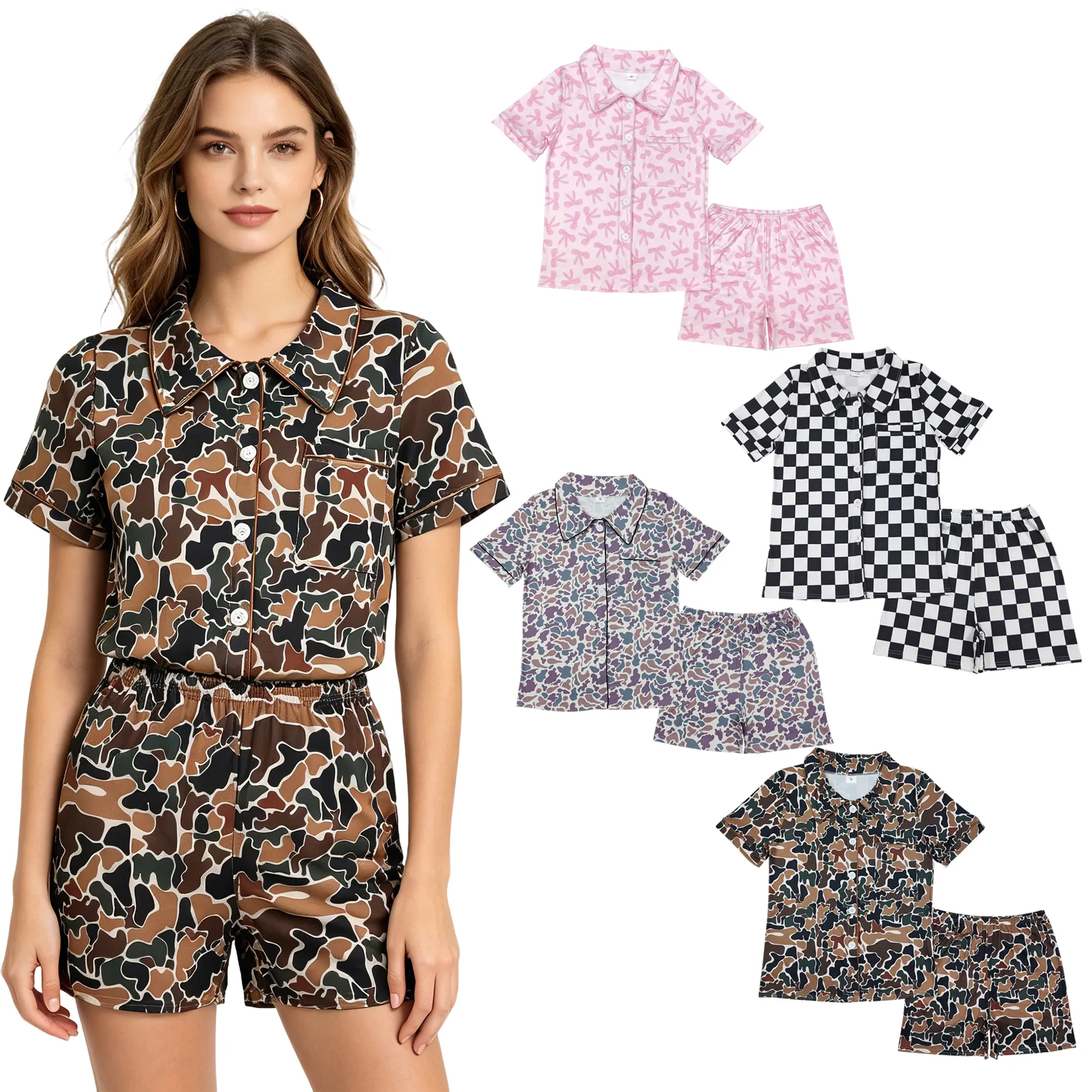 Women's Solid Milk Silk Button Pajama Set - Adult Summer Nightwear, Airy Fit Short-Sleeve Loungewear, PJ Sets for Women, Clothes, Lady, Shortsleeve, Pyjamas, Cotton, Leopard Pattern, Piece