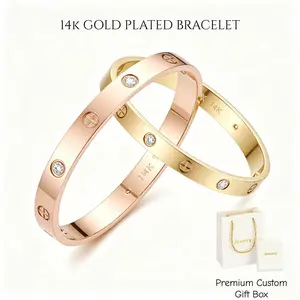 Marvelin 14K Gold Plated Screw Bangle Bracelet for Women Men Couples – Designer Inspired Moissanite Diamond Cuff, Stainless Steel Hypoallergenic, Rose Gold & Gold, 7in 7.5in, Matching Couple Set, Mother's Day Anniversary Birthday Christmas Gift Box