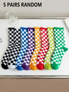 Women's Trendy Plaid Mid-Calf Socks, Casual Hip-Hop Street Style, Skateboard Sports Socks, Fitted for All Seasons, 5 Pairs, Fashion