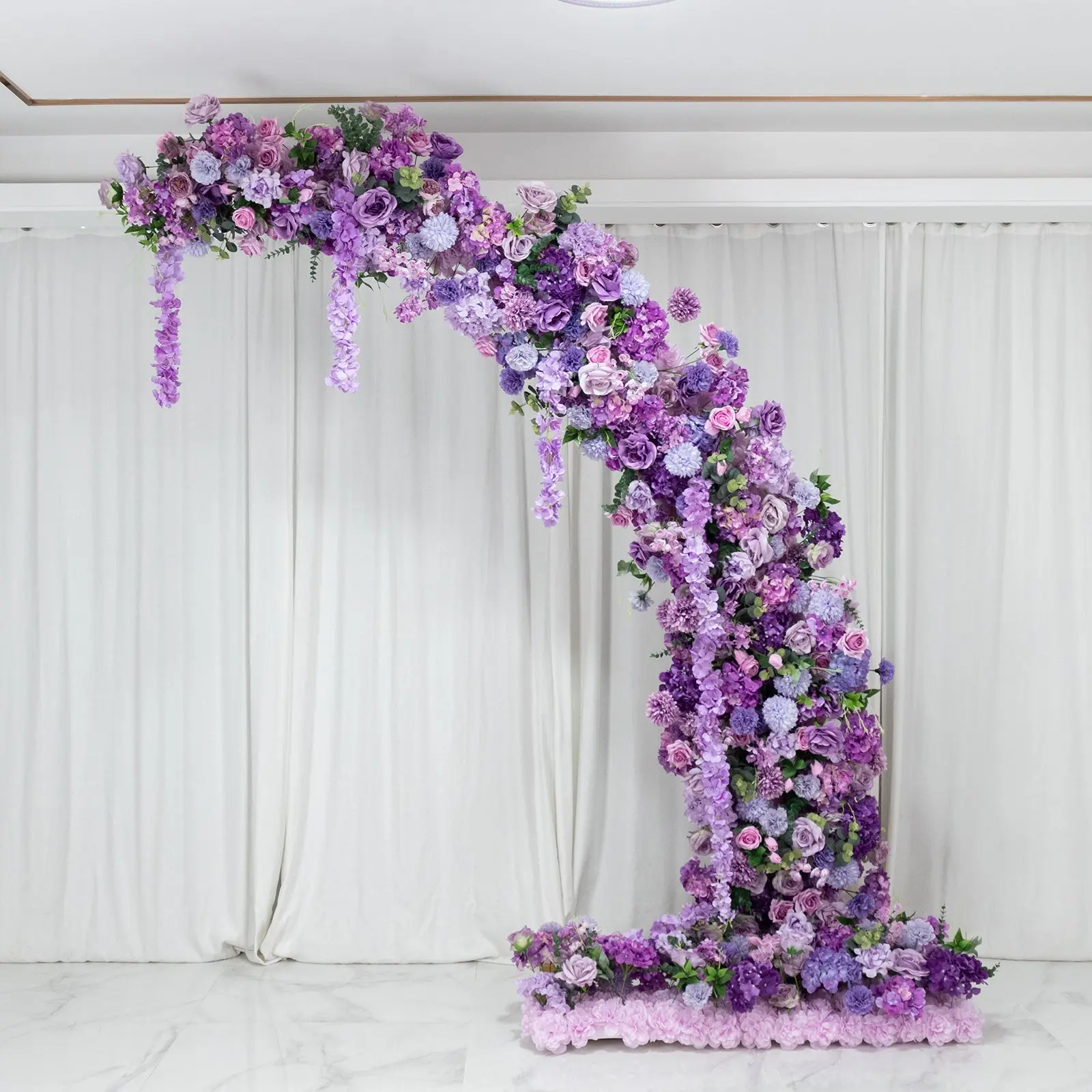 Foam-Backed Artificial Silk Floral Backdrop Decor, Lavender Lilac Mix with Roses, Hydrangeas & Chrysanthemums, for 8ft Half Crescent Wedding Arch, Decorative DIY Garden Party Arrangement Artificial Flowers
