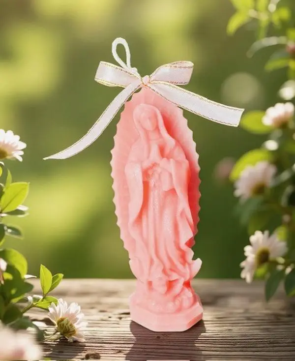 Virgin Mary Candle with Elegant Bow Design for Religious Décor and Home Blessing