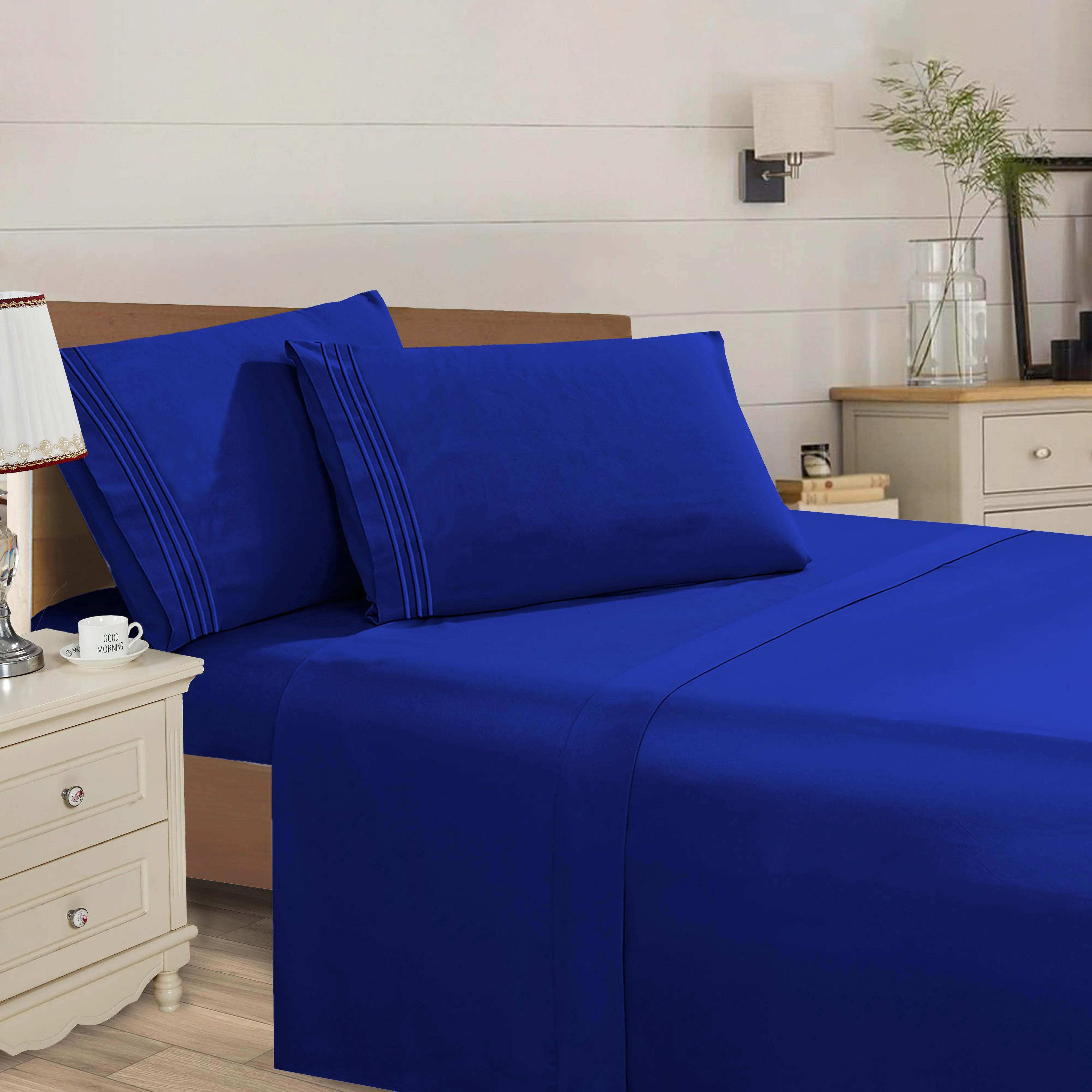 Mocassi 4-Piece Bedroom Bedding Fitted Sheet Set - 3-Line Embroidery, 1800 Thread Count Hotel Bedding, Wrinkle-Resistant, Cooling Sleep, Dark Colors