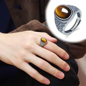 Vintage Open Design Adjustable Men's Ring - 18K Gold-like Finish, Radiant Cut Tiger's Eye, Pinky Claddagh, Retro Appeal Fashion Costume Jewelry Ring