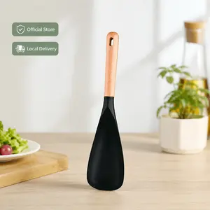 Wooden Handle Silicone Cooking Spoon, for Home Kitchen Daily Cooking, Non-stick Kitchen Utensil, Heat Resistant BPA-Free Multifunctional Mixing Scooping Spoon