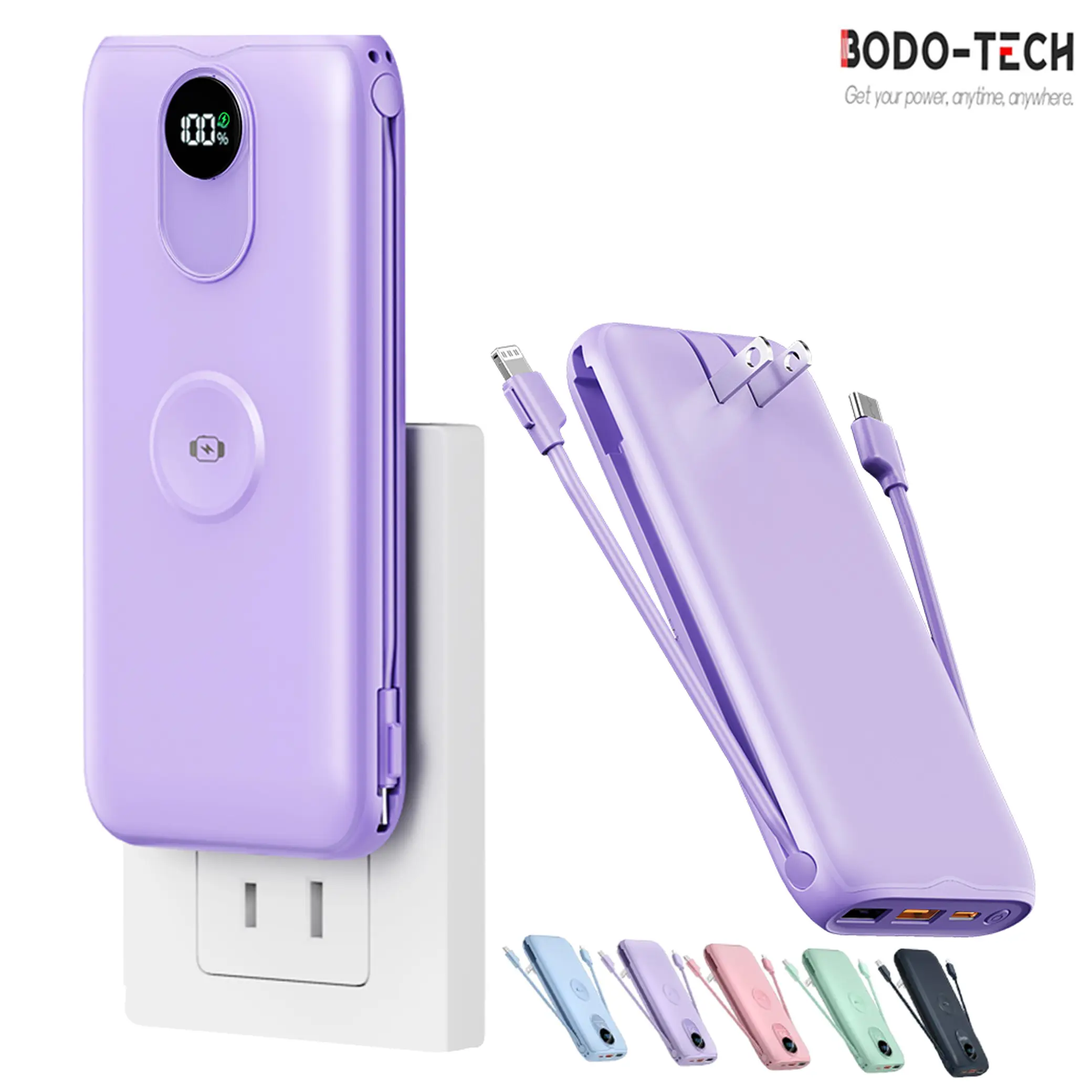 Bodo-Tech 10000mAh Chargeable Power Bank for Phones & Mobile Devices, Built-in Cables, AC Plug, Wireless Watch Charger, Cute Fast Charging Electronics Accessory for Everyday Use, Camping