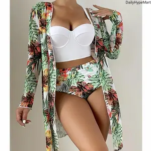 Women's 3-Piece Boho Floral Swimsuit Set - Push-Up High-Waisted Swimsuit with Adjustable Straps, Tropical Print Cover-Up, Figure-Enhancing Swimwear