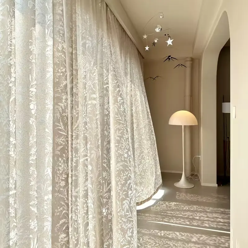 2pcs French Lace Curtains, Cream Color, Elegant Cutout Princess Style, Romantic Light-Transmitting Privacy Thin Drapes, Ideal for Living Room, Bedroom, Wedding Decor