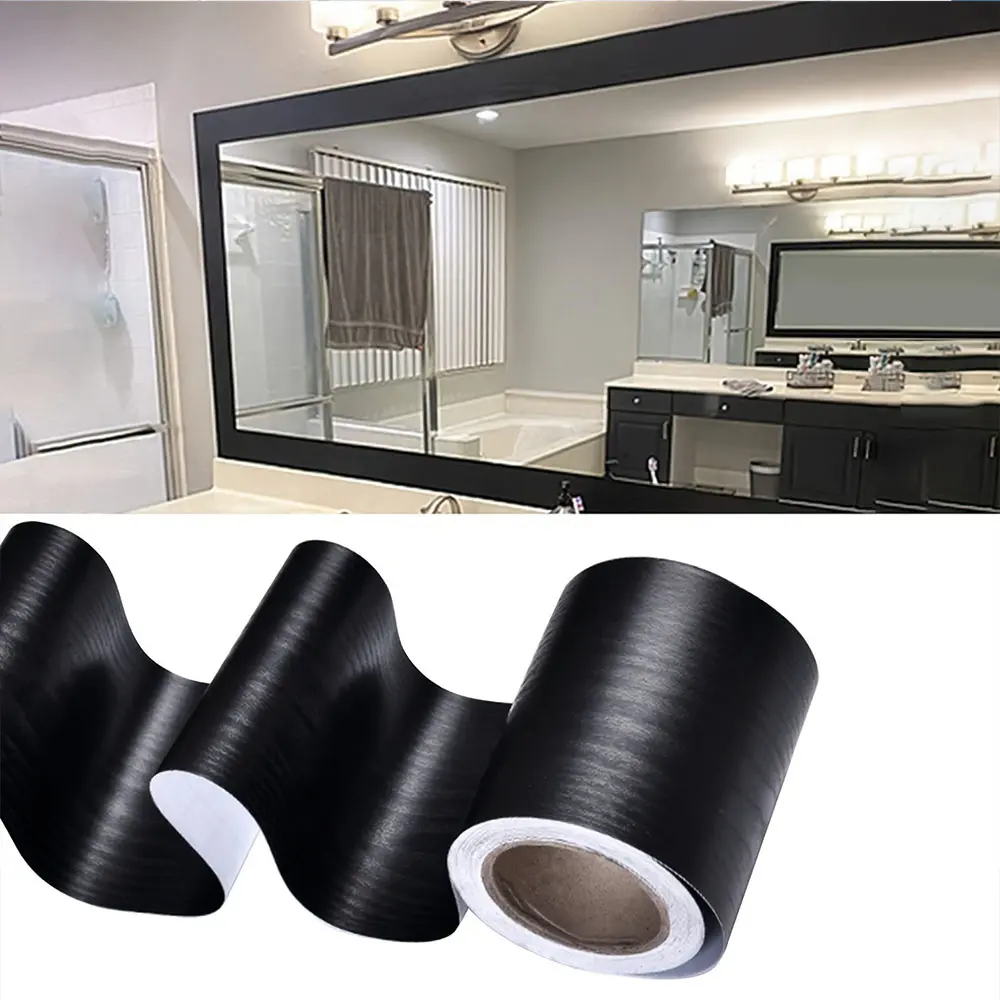 33FT Black Mirror Border Peel Stick Black Wood Grain Wallpaper Border Removable Waterproof Bathroom Mirror Frame Sticker Black 3.93Inch X 32.8Ft Modern Interior