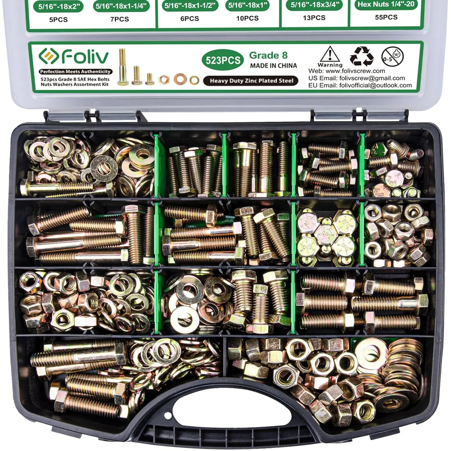 VIGRUE 523PCS Grade 8 Bolts and Nuts Assortment Kit, Heavy Duty Nut and Bolt Assortment, 1/4-20 5/16-18 3/8-16 SAE Hex Bolts, Length from 1/2" to 1-1/2" hardware screwdriver