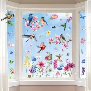 Spring Window Stickers Set, Floral Pattern Sticker, Decorative Glass Window Decals for Home & Office Decor & Decoration, Dual-Sided Bird and Butterflies Gel Adhesive for Party Shop Use, Removable Window Decal
