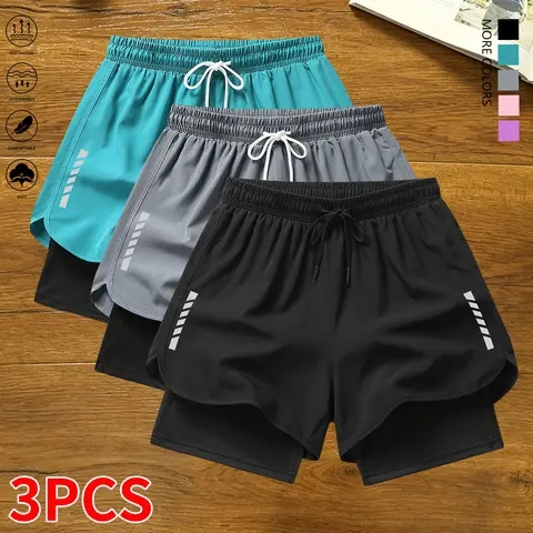 Women's 3-Piece Striped Casual Active Gym Shorts for Women - Built-In Lining, Drawstring, Elastic Waistband, Polyester Fabric, Lightweight Summer Bottoms - Suitable for Running, Workouts