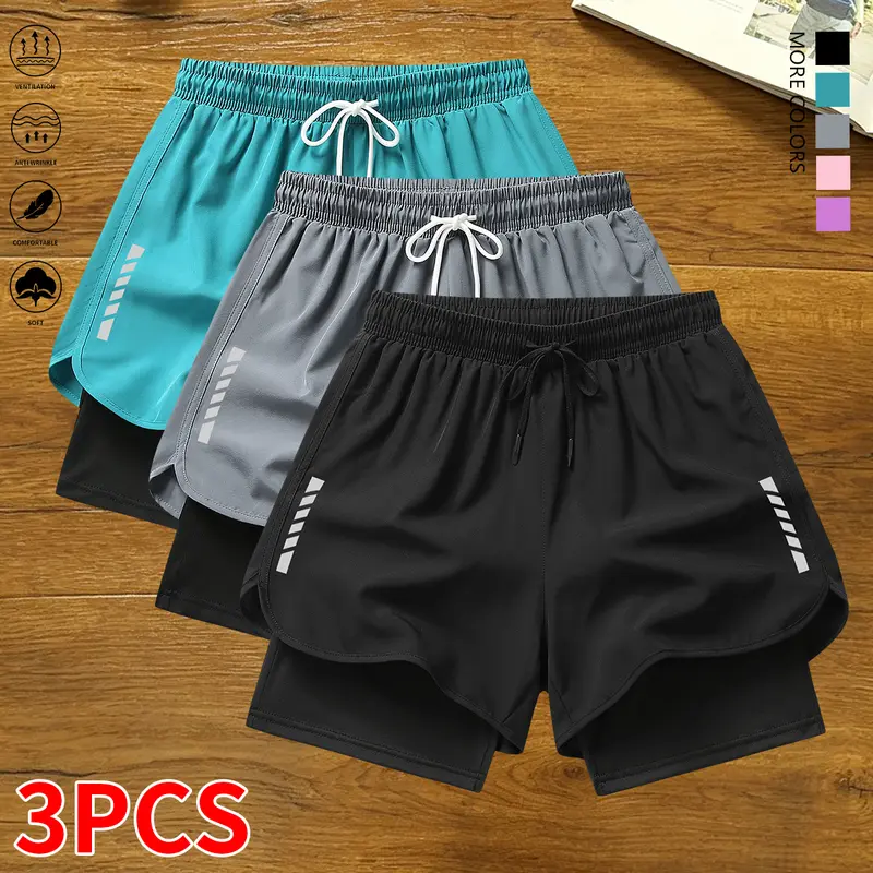Women's 3-Piece Striped Casual Active Gym Shorts for Women - Built-In Lining, Drawstring, Elastic Waistband, Polyester Fabric, Lightweight Summer Bottoms - Suitable for Running, Workouts