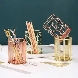 Metal Pen Holder, 1 Count Geometric Hollow Out Pen Holder, Makeup Brush Holder, Desktop Storage Organizer for Home Office