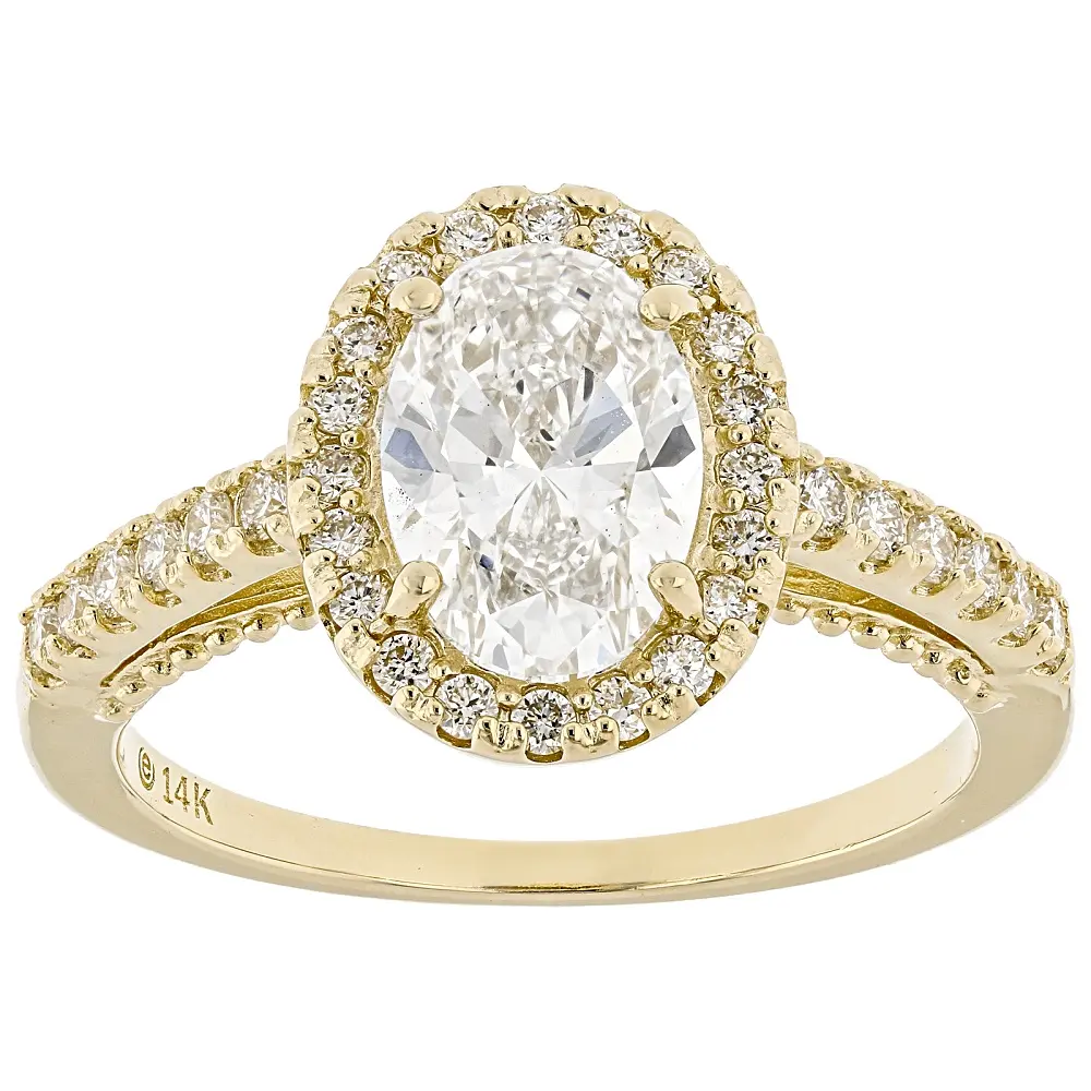 JTV Certified Oval and Round White Lab-Grown Diamond H SI2 14K Yellow Gold Halo Ring 1.90ctw