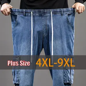Plus Size 4XL-9XL Men's Cargo Jeans Elastic Waist High Stretch Loose Fit Multi-Pocket Work Pants Comfortable Fit