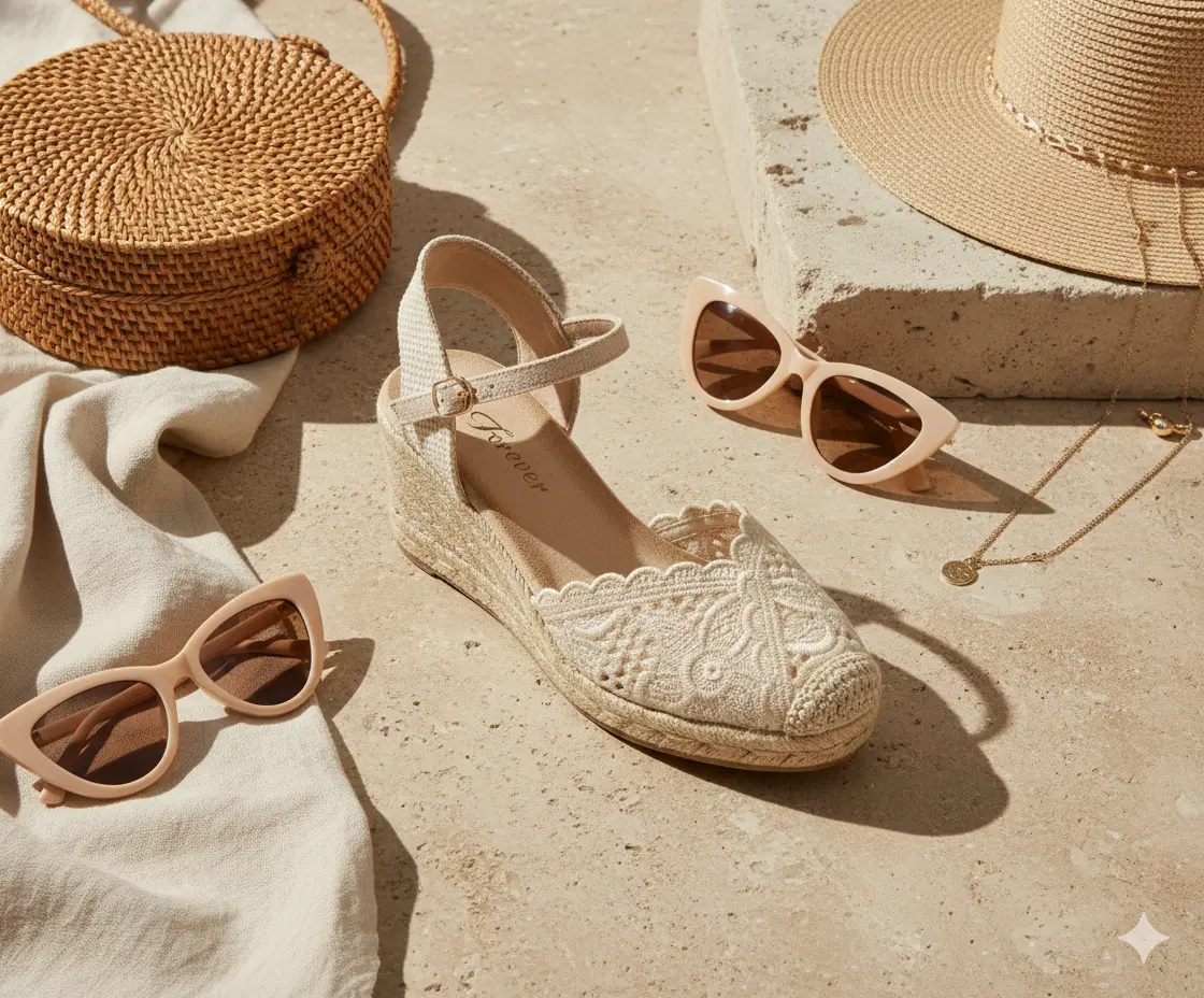 forever corp Isabella Crochet Espadrille Wedge Heels, Stylish High Heel Sandals with Ankle Strap for Women's Fashion, Miami, Classic, Lace Fabric, Breathable, Poolside, Buckle Strap, Casual, Chic, Elegant, Footwear, Heeled, Open Toe, Jute, Lightweight