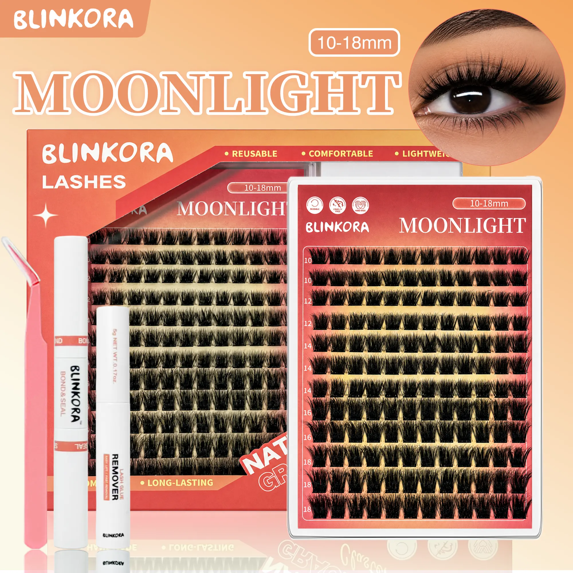 Blinkora Moonlight Lash Cluster Kit - 10-18mm, D Curl DIY Eyelashes Extensions, Fluffy Volume Lashes, Enchantress Lashes, Super Soft, Waterproof, Long-Lasting Cosmetic Kit, Lash Extension,  Ultra Thin Band, Cluster Lashes, Eyelash Clusters