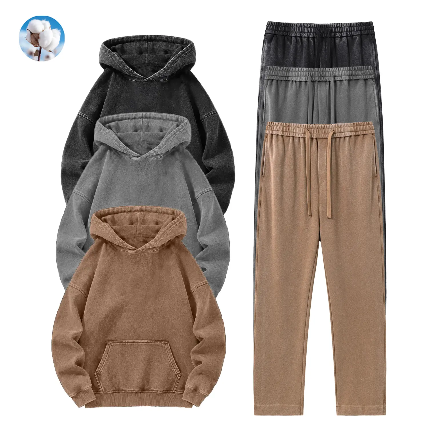 Vintage Washed Brown Hoodie & Jogger Set | Oversized Streetwear 2-Piece Cotton Sweatsuit