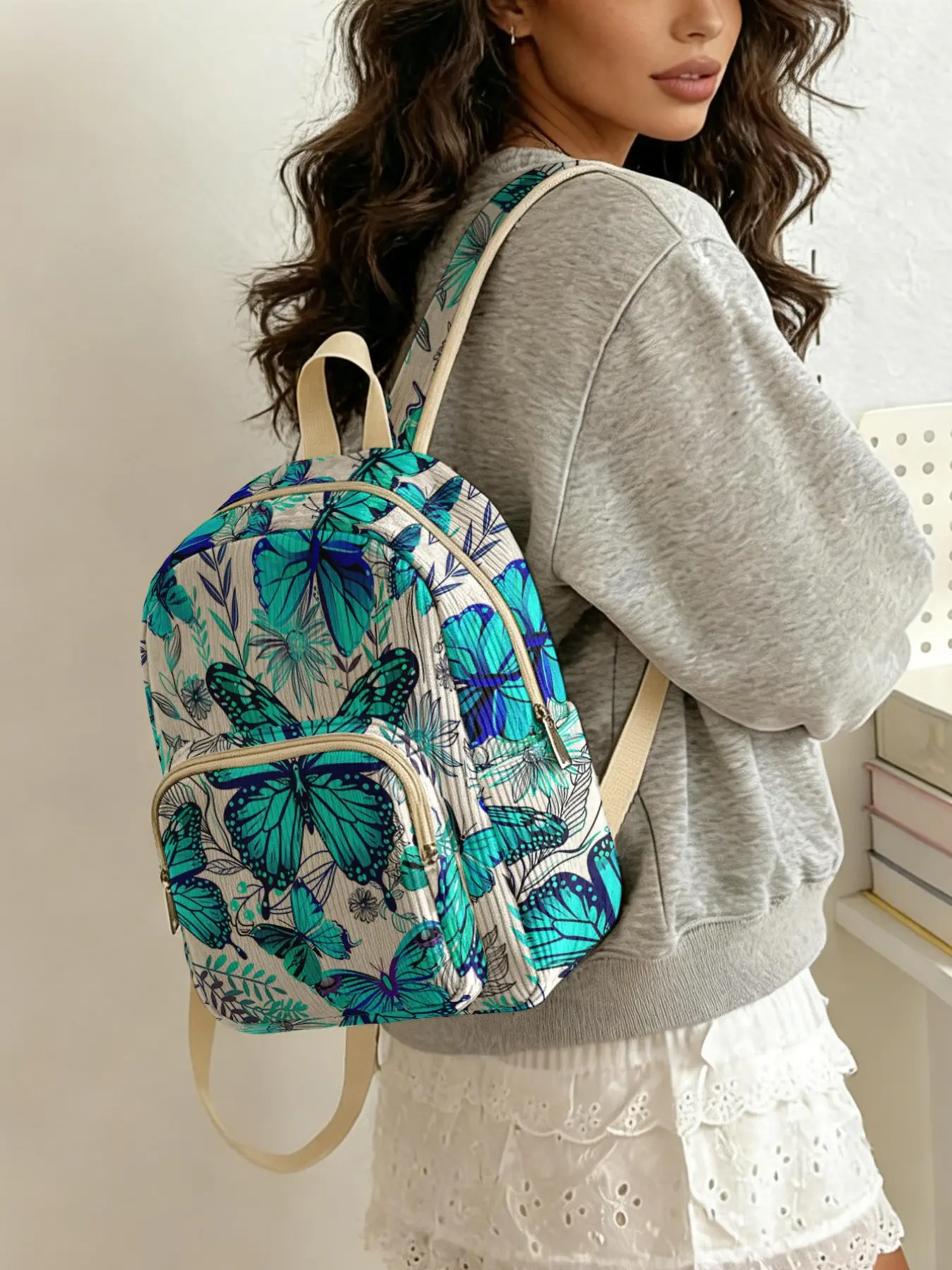 1 blue butterfly floral pattern 2D printed ladies' backpack, Backpack For School, Casual Lightweight College Backpack, corduroy texture, layered storage, Casual Daypack Backpacks, perfect for students going to class/shopping/short trips