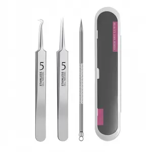 Stainless Steel 3-Piece Blackhead Tweezers Set with Box - Milia Remover & Pimple Popper Tool for Ingrown Hair Extraction Kit Clear