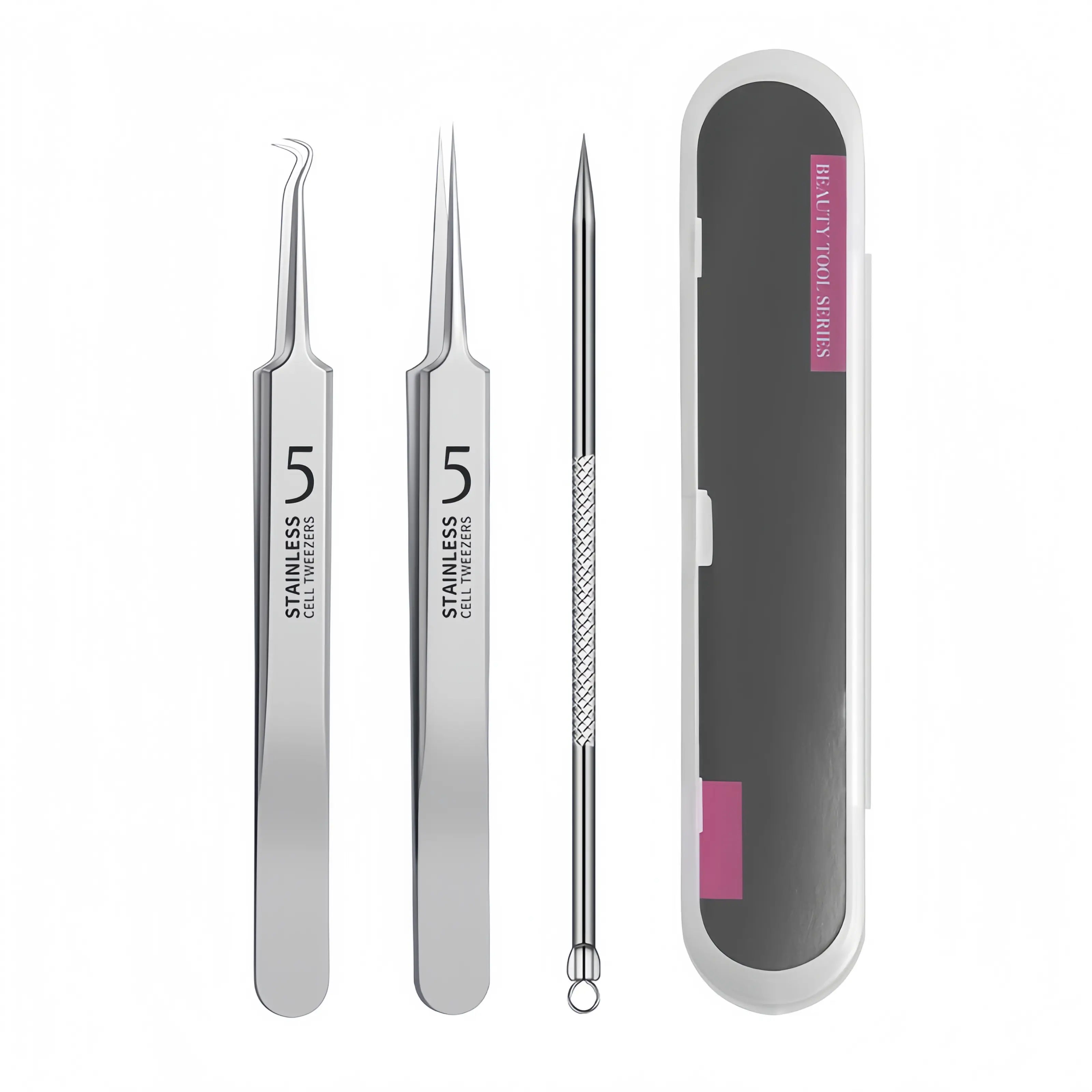 3-Piece Stainless Steel Blackhead Tweezers Multi-Pack with Box - Milia Remover, Pimple Popper, Ingrown Hair Extraction Tool for Clear Facial Skincare (Beauty & Personal Care Tool), 3-Piece Set With Box