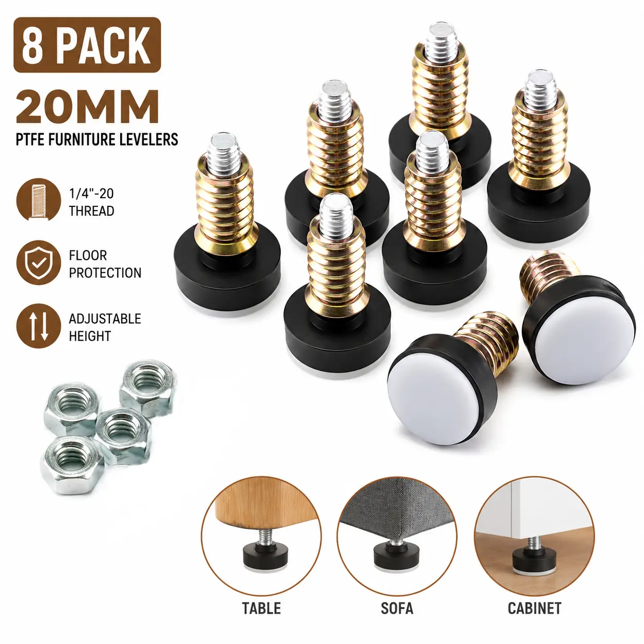 8 Pack 20mm PTFE Furniture Levelers – 1/4"-20 Threaded Shank Adjustable Feet with Nuts, Teflon Bottom Glides for Table/Chair/Cabinet/Sofa, Floor Protection & Leveling (Black/White)