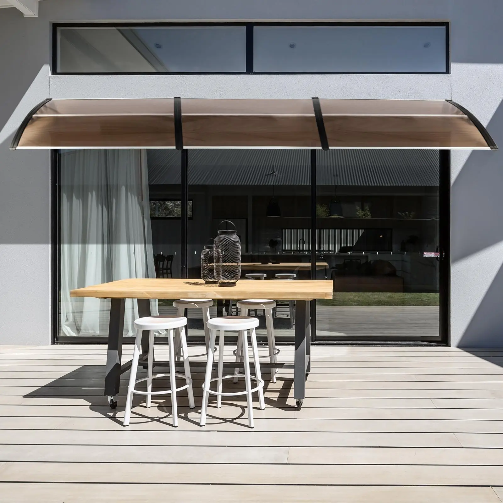 Karlhome Window & Door Awning Canopy, Polycarbonate Hollow Sheet Cover with Brown Board & White Bracket, UV Prevention for Front Door Outdoor Patio Rain Snow Protection