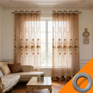 2pcs European Luxury Champagne Gold Embroidered Sheer Curtain, Living Room Floor-To-Ceiling Window Lace Curtain, Perforated Semi-Transparent Curtain