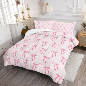 Light Pink Bow Print Comforter Set - Durable Material Comfy Bed Sets, 1 Quilt + 1/2 Pillowcases, Sweet Coquette Aesthetic Bedding for Teens & Girls, Ideal for Bedrooms, Dorms & Guest Rooms