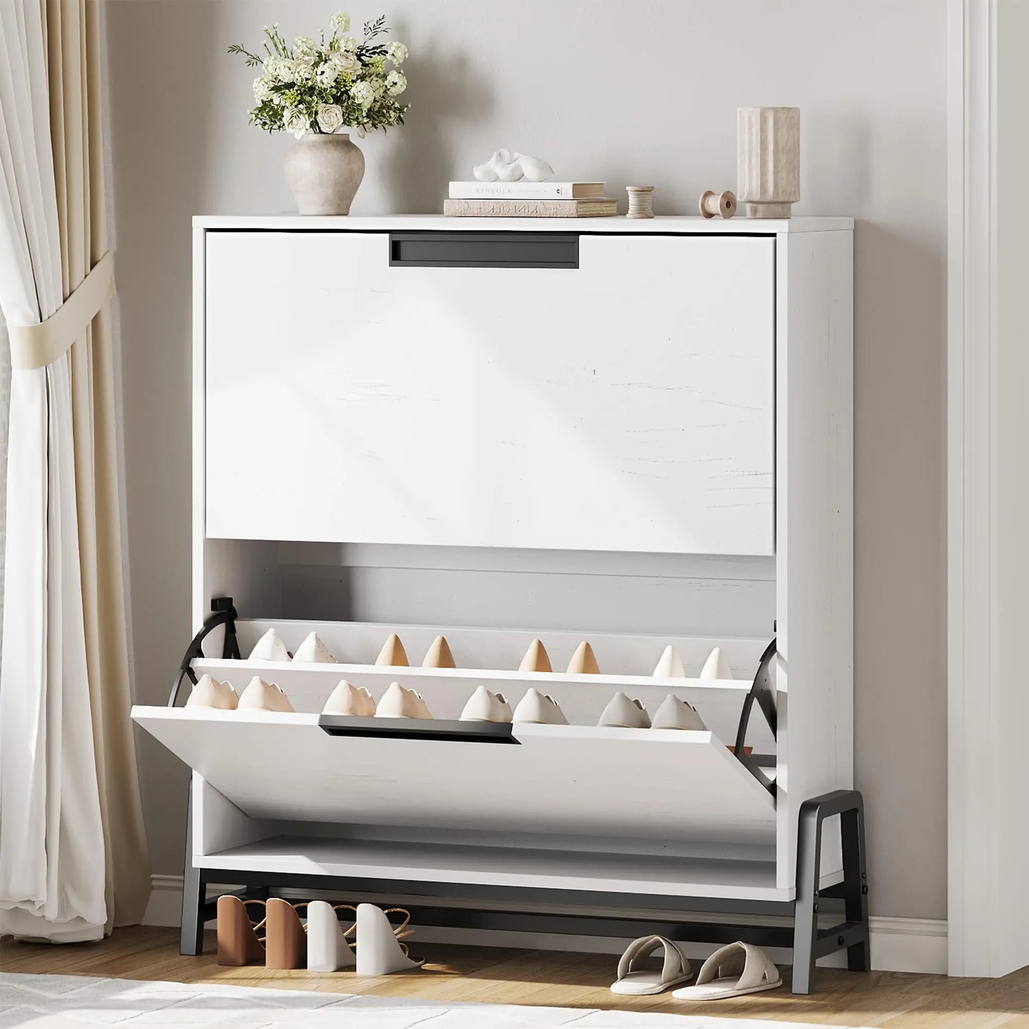 Garvee narrow shoe storage cabinet with 2 flip drawers, metal legs, and non-built-in design; ideal for entryway, hallway, living room; available in natural wood and oak finishes
