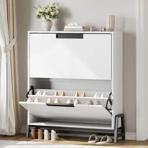 Garvee narrow shoe storage cabinet with 2 flip drawers, metal legs, and non-built-in design; ideal for entryway, hallway, living room; available in natural wood and oak finishes