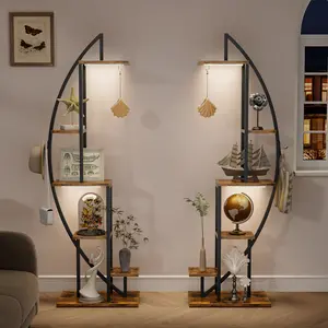 2 Pcs Storage Shelf with LED Lights, 6 Tiered Tall Storage Rack, 63" Metal Storage Stand for Multiple Items, Half-Moon Display Shelf Holder for Living Room, Patio