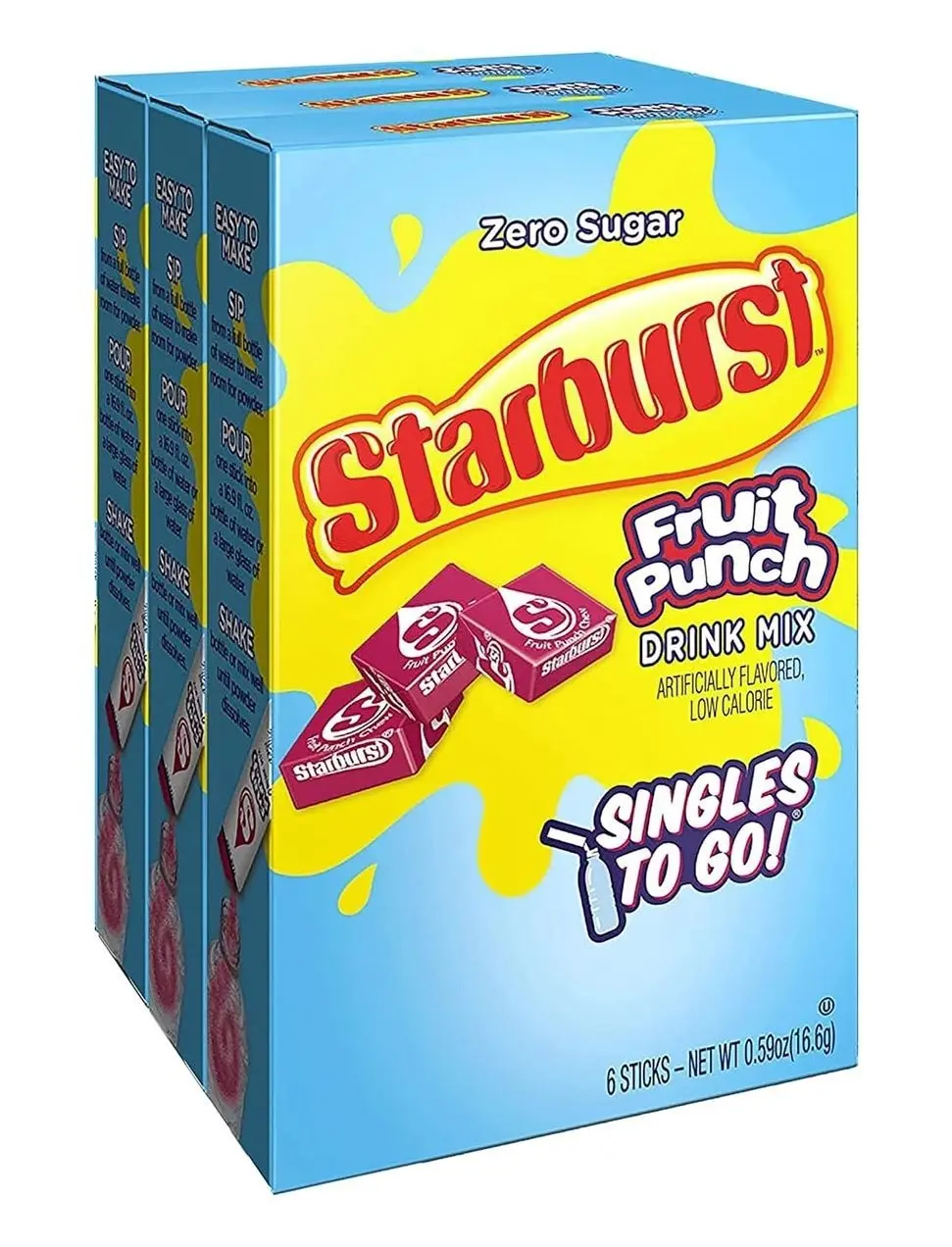 Starburst Singles To Go Powdered Drink Mix, Fruit Punch, 3 Boxes with 6 Packets Each - 18 Total Servings, Sugar-Free Drink Powder, Just Add Water, 6 count (Pack of 3)