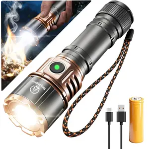 Rechargeable LED Flashlight with Ignition Lens, 5000 Lumens High Lumen Tactical Flashlight with Fire Starter, Zoomable Handheld Torch, USB Rechargeable, EDC Flashlight for Camping Emergency