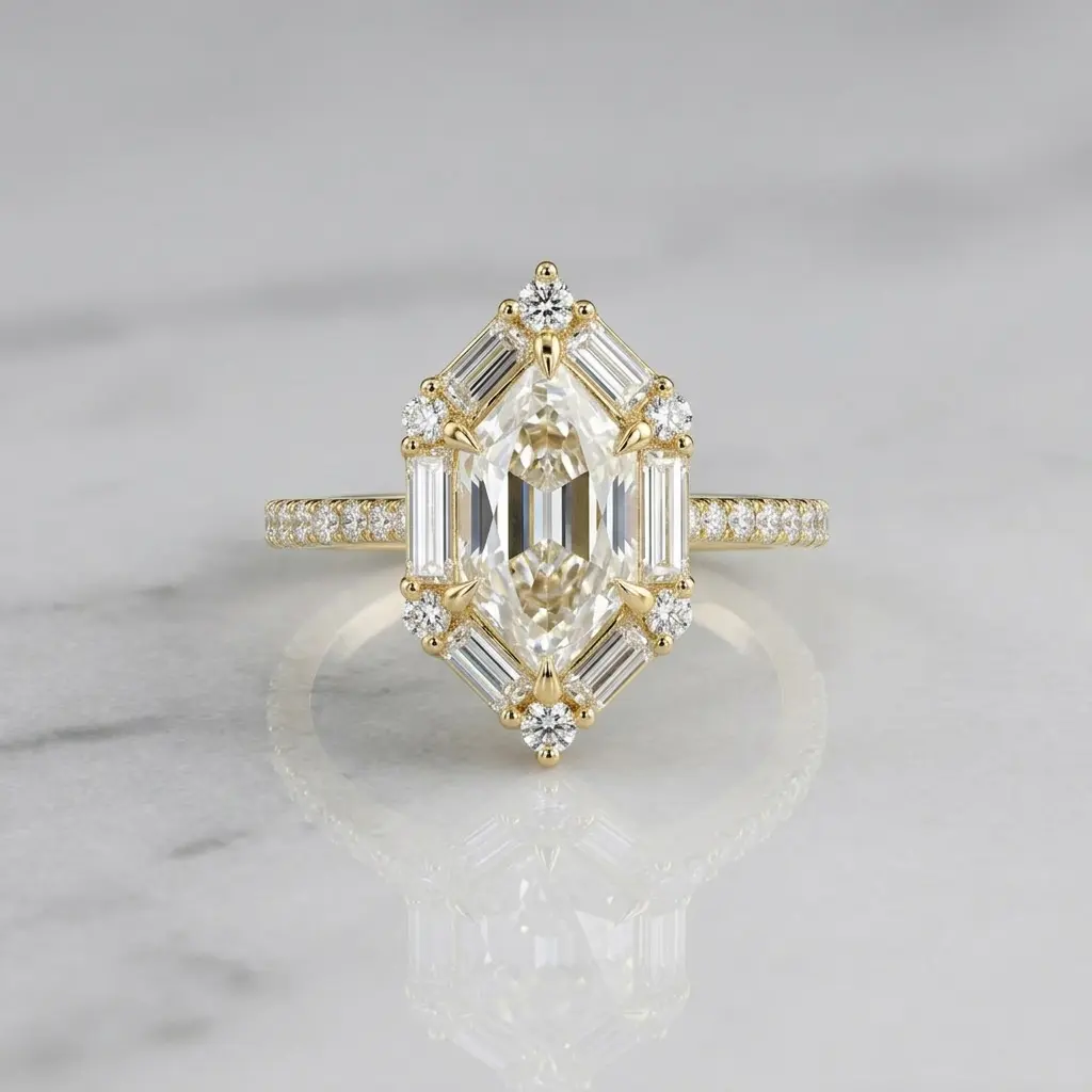 A vintage-inspired, affordable luxury cluster ring featuring princess-cut clear synthetic zirconia. This elegant modern fine jewelry piece makes for a stunning wedding ring and is a versatile accessory suitable for any occasion.