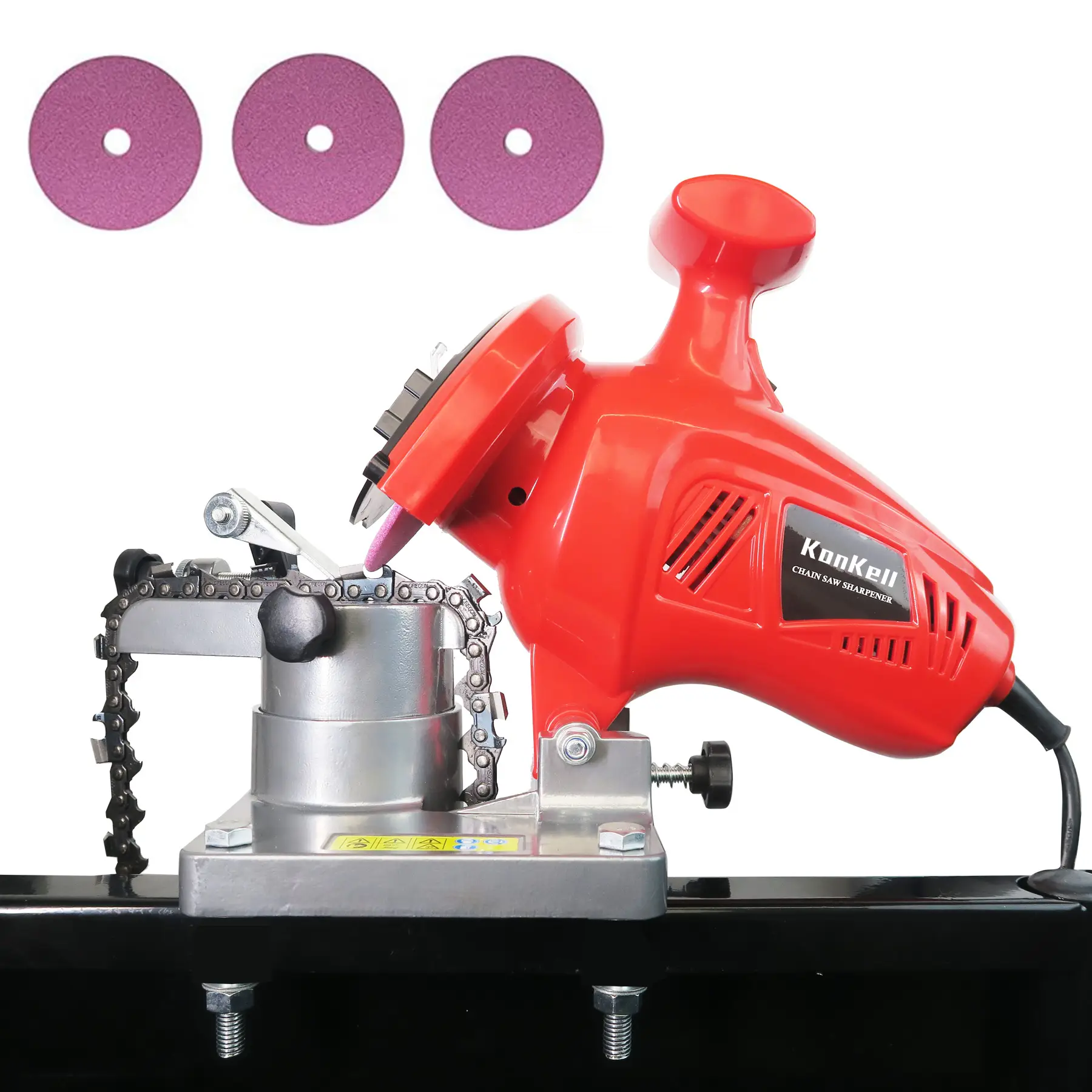 Electric Chainsaw Sharpener, 250W High-Speed Chain Grinder with Adjustable Angle, Heavy-Duty, Mountable, Red Sharpener for Chains from 1/4'' to 3/8''