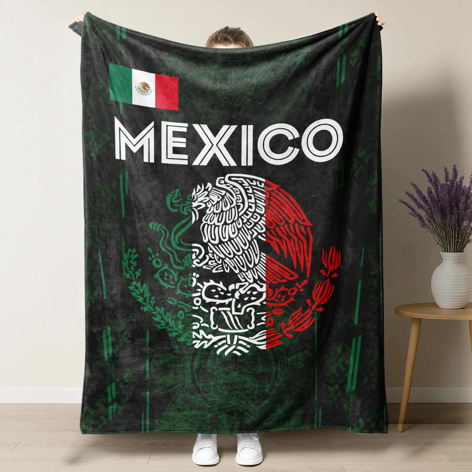 Mexico Flag & Aztec Eagle Blanket, Mexican National Emblems Skull Throw, Cozy Black Flannel Blanket, Perfect Patriotic Gift for Proud Mexicans, Great Home Decor for Mexican Pride & Celebrations