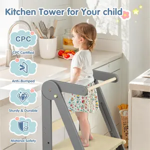 Walsunny Foldable Toddler Tower, Firm Kid Kitchen Step Stool, Child Montessori Standing Tower with 3 Adjustable Heights, Suitable Age for 1.5-6 Years, Grey