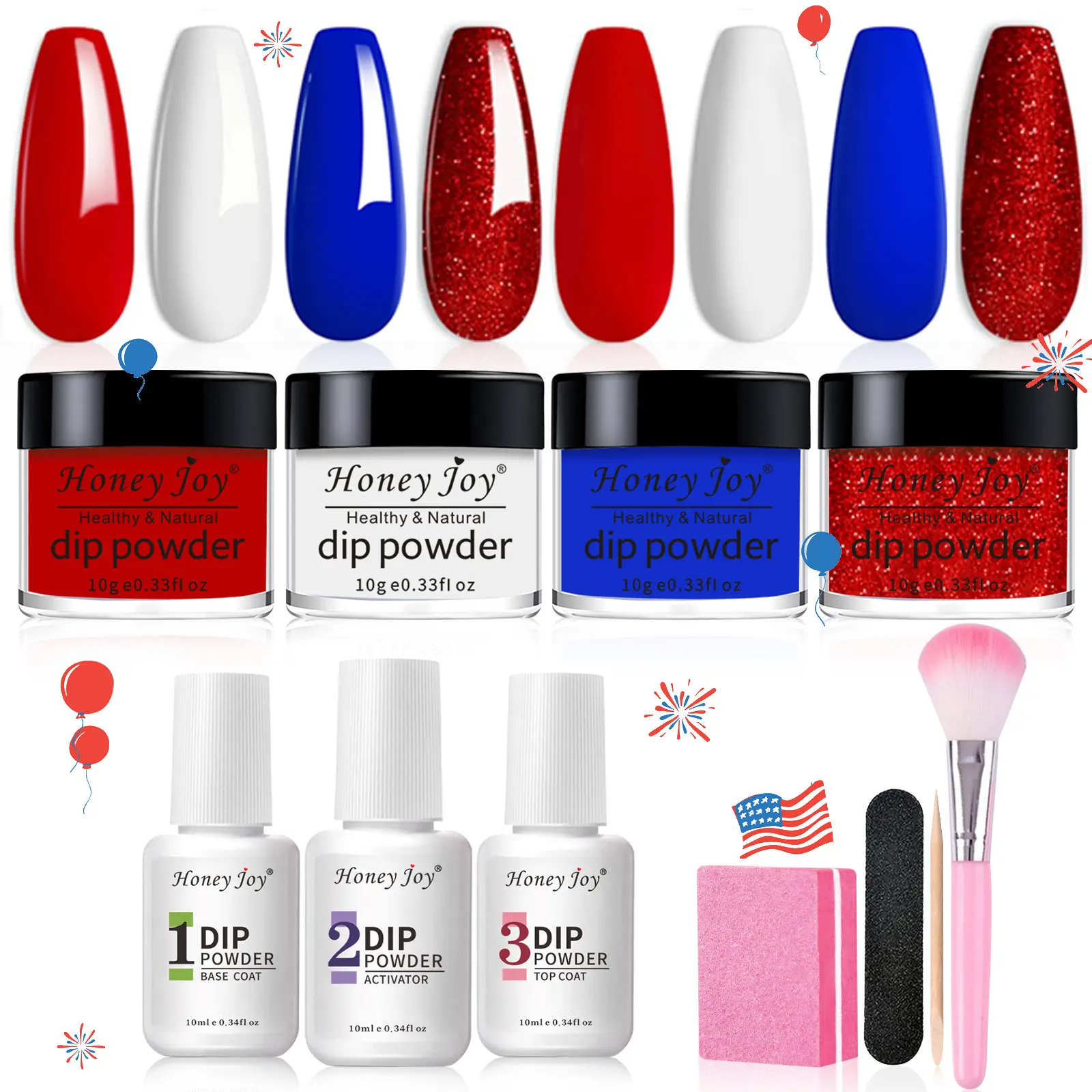 Honey Joy Dip Powder Nail Kit Starter - 4 Red White Blue Colors, Firework & American Flag Designs, Nail Care Set with Base & Top Coat for DIY Manicures (Salon & Home Use)