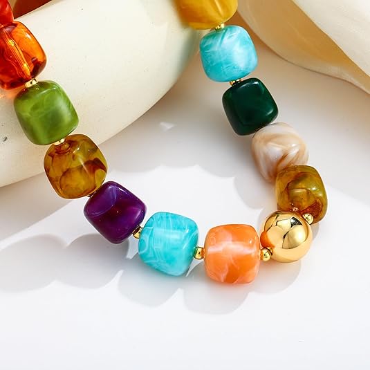 Colorful Chunky Necklaces for Women Trendy Multicolor Large Square Resin Beads Necklace Boho Chunky Statement Choker Necklaces Y2K Summer Jewelry