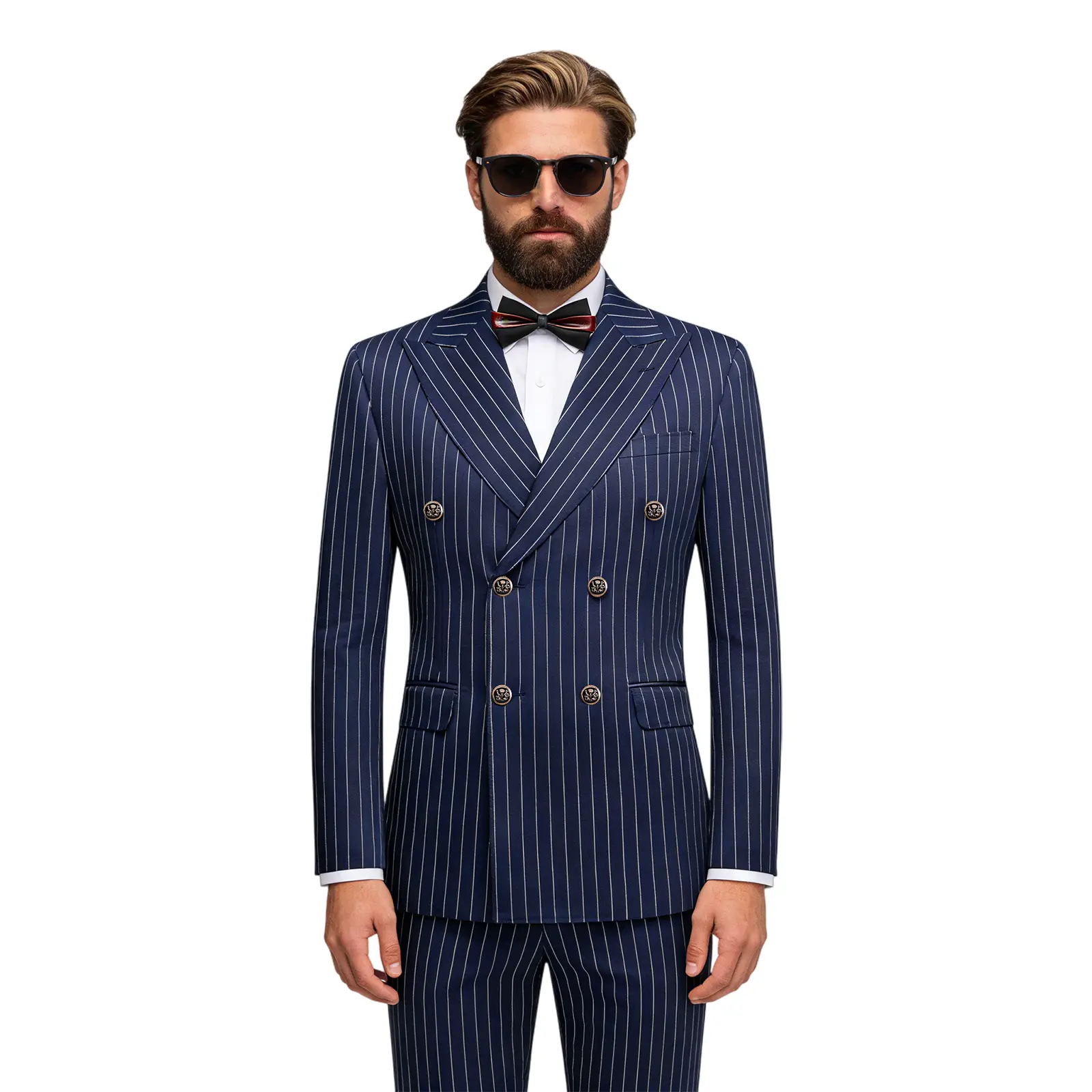 Men's Slim Fit Striped Double-Breasted 2-Piece Tapered Formal Suit Set - Tapered Trouser, Blazer, Evening Bow Tie, Premium Fabric for Wedding, Business Occasions, Dry Clean Only, Elegant, Peak Lapel, Tapered Cut