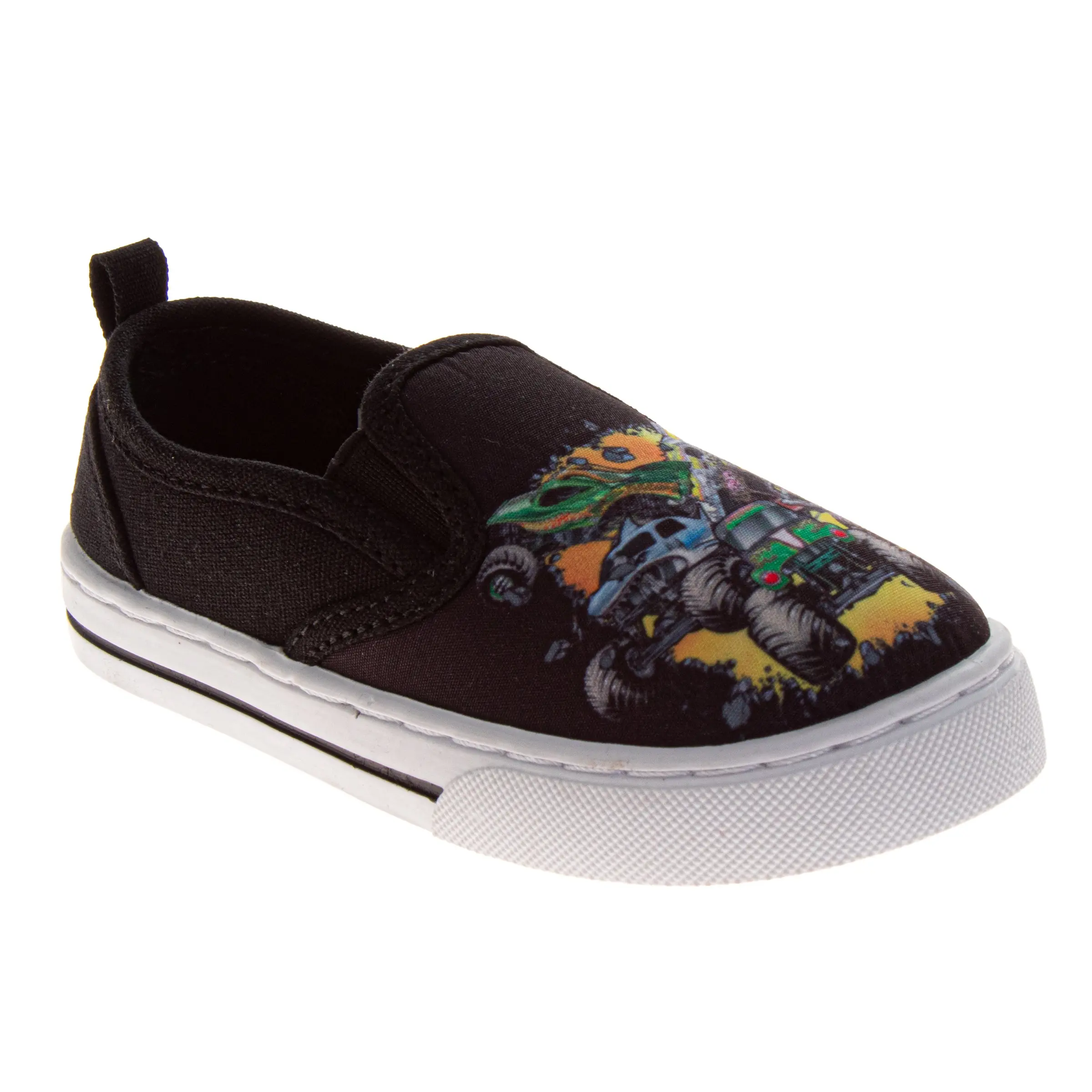 Monster Jam Canvas Sneakers for Girls, Slip-On Toddler & Little Kid Shoes with Monster Truck Graphic, Cushioned Round Toe, Easy On-Off