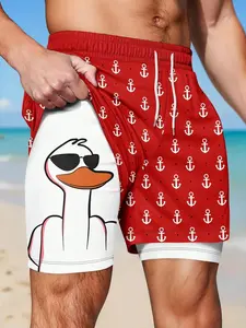 Men's Double-Layer Beach Shorts 2-in-1 Folded Hem Athletic Shorts, Quick Dry Breathable Fabric, Funny Cool Duck & Anchor Print, Elastic Waistband with Drawstring, Anti-Chafe Liner, Versatile Shorts for Gym, Running, Beach and Casual Wear
