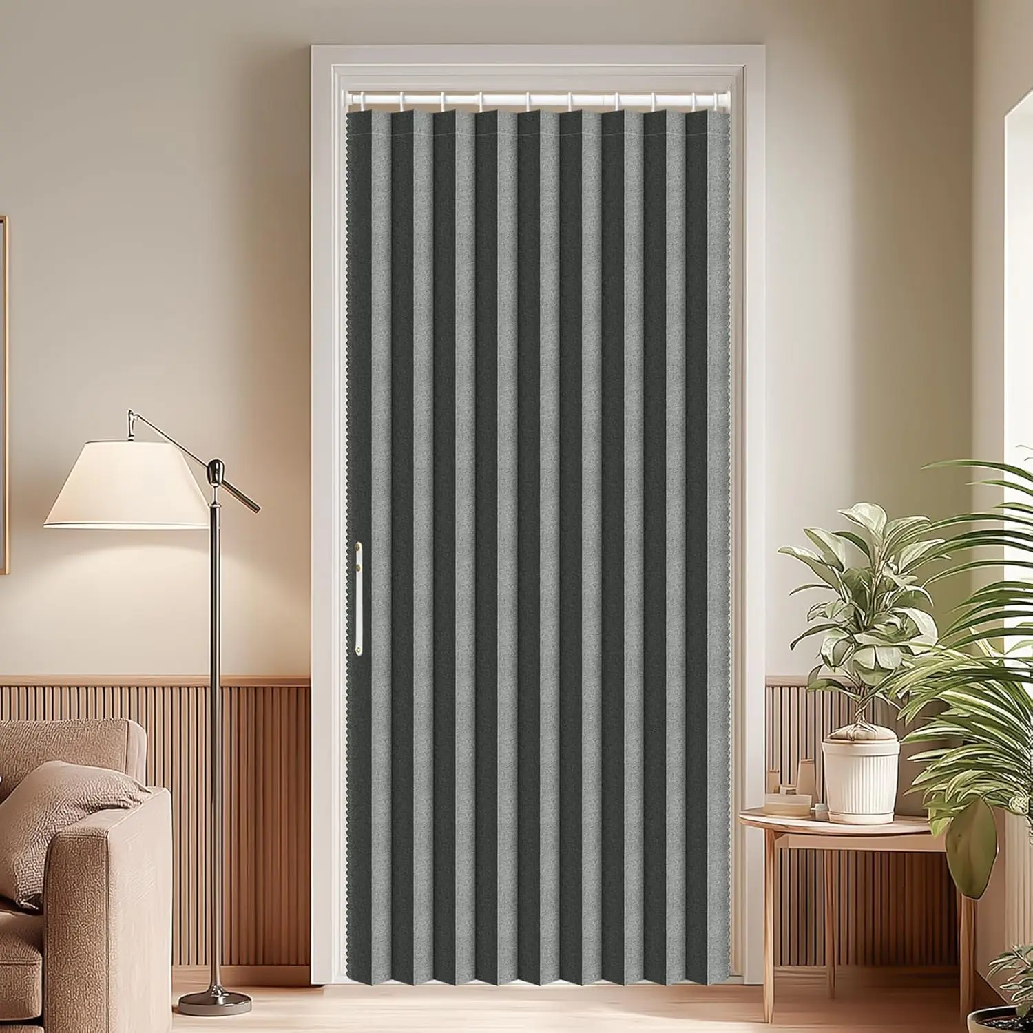 Blackout Accordion Door Invisible Folding Accordion Doors Interior  Door Curtain for Bedroom Living Room Doorway Curtain Sets Included Rod (1 Pack, 44W x 78 L, Dark Grey)