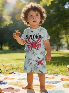 Baby Spider Print Short Sleeve Set, Casual Fitted Baby Clothing, Perfect Gift for Infants, Daily & Outdoor Wear, Spider Print Design, 100% Polyester