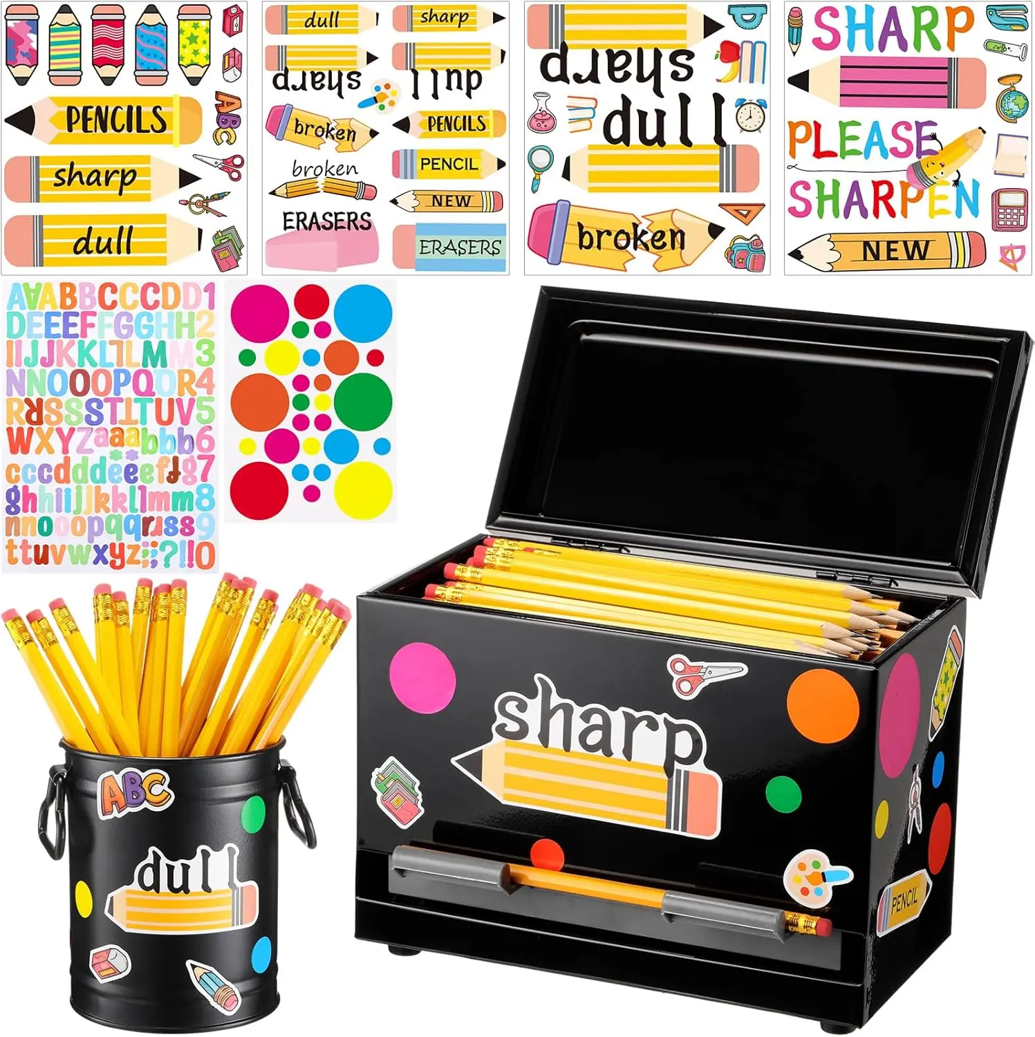 Back to School Metal Pencil Dispenser Kit, Includes Stainless Steel Pen Storage Box & Pencil Holder Sharp and Dull Sticker, Teacher Must Haves Classroom Management Pencil Parking, First of School Day Teacher Gift for Pre K to Middle School