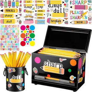 8 Pcs Back to School Teacher Gift with Stainless Steel Pencil Dispenser Metal Pencil Holder Sharp and Dull Letter Sticker, Multicolor Pencil Parking with Lid for Classroom, DIY Stationery Table Organizer for First Day of School End of Year Teacher Gift